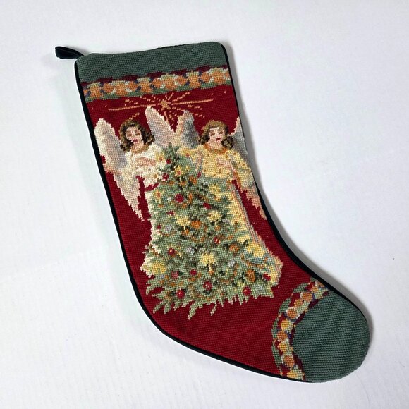Vintage Imperial Elegance Needlepoint Christmas Stocking Angels Tree Wool Velvet - Picture 1 of 6